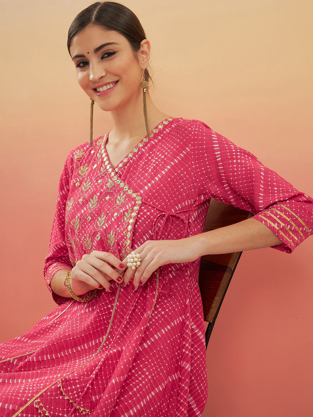 InWeave Women's Punch Pink Lehriya Gota Work Angrakha Style Anarkali Kurta | Grocsy