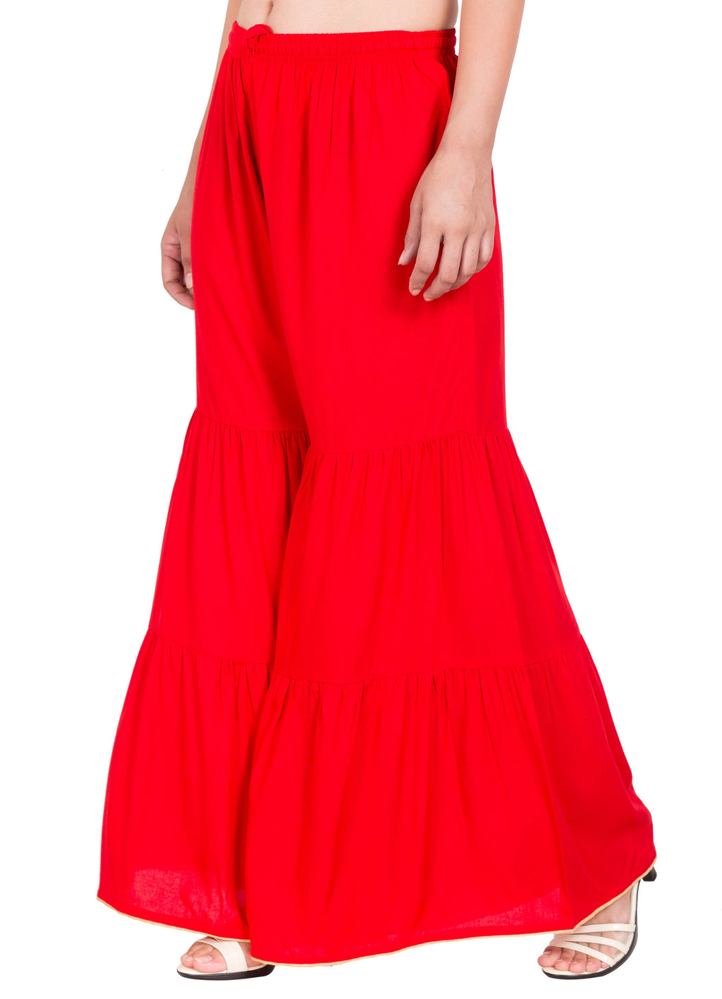 PAVONINE Red Color Solid 3-Panels Flared Sharara | Grocsy