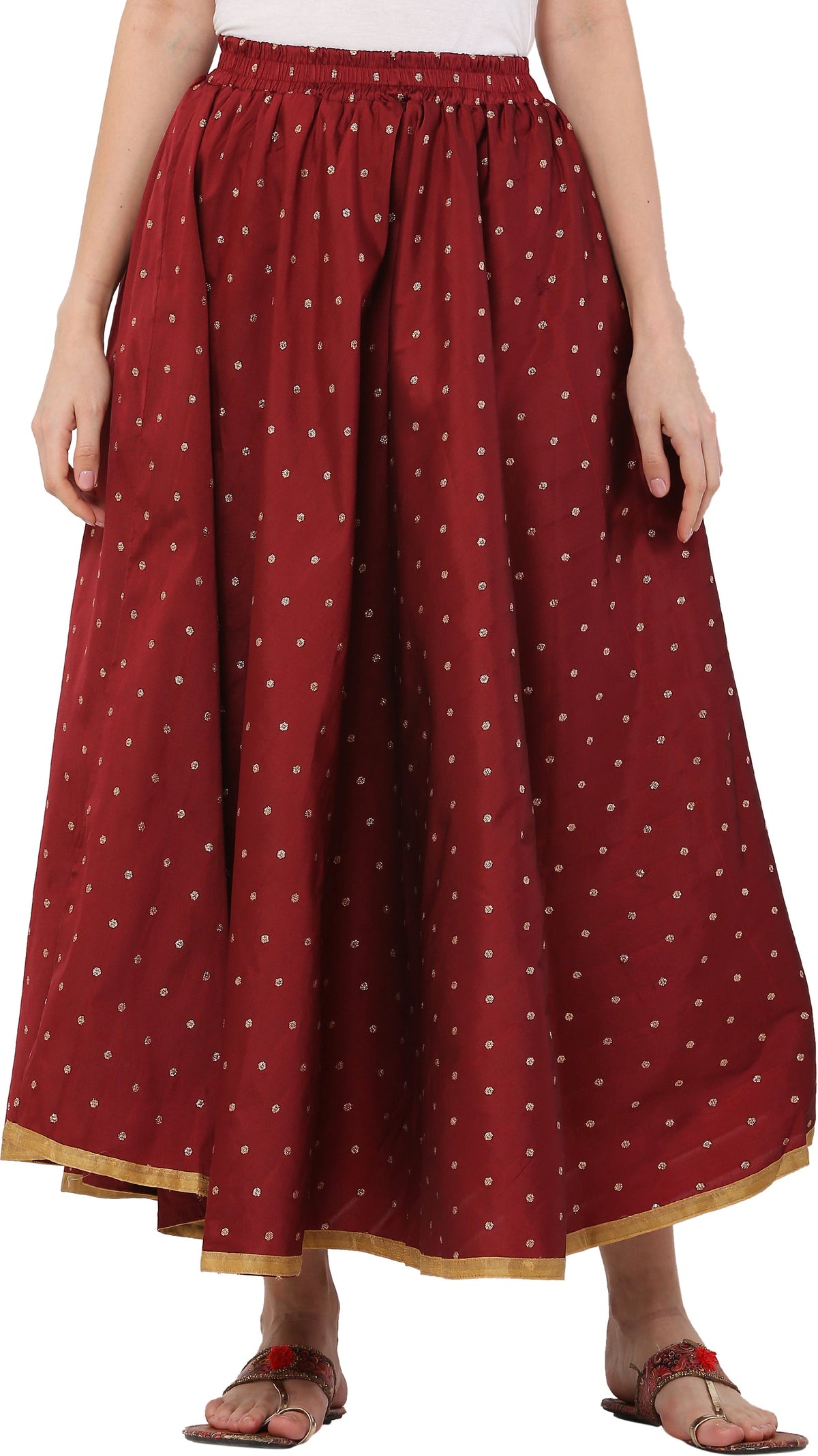 PAVONINE Maroon Color Golden Zari Work Satan Fabric Maxi Skirt For Women | Grocsy