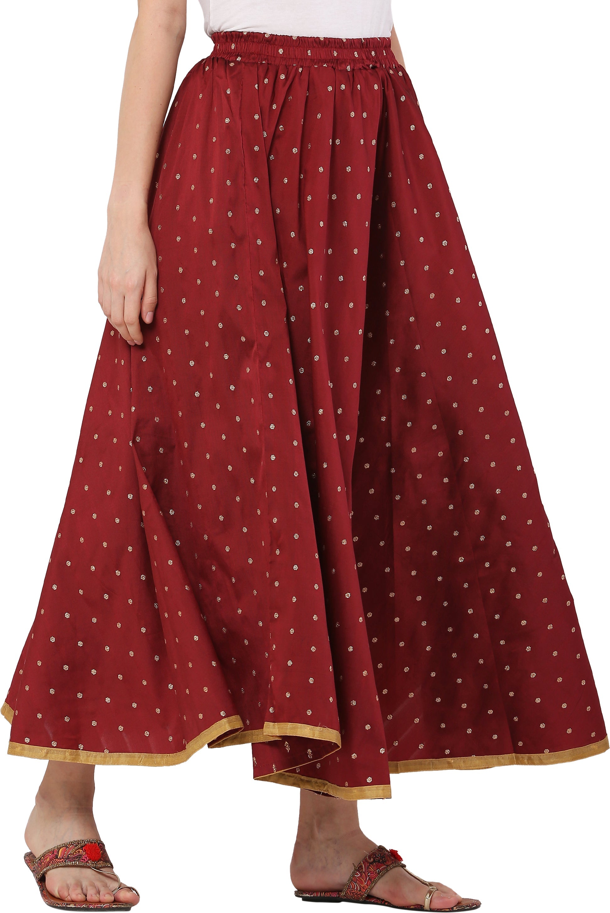 PAVONINE Maroon Color Golden Zari Work Satan Fabric Maxi Skirt For Women | Grocsy