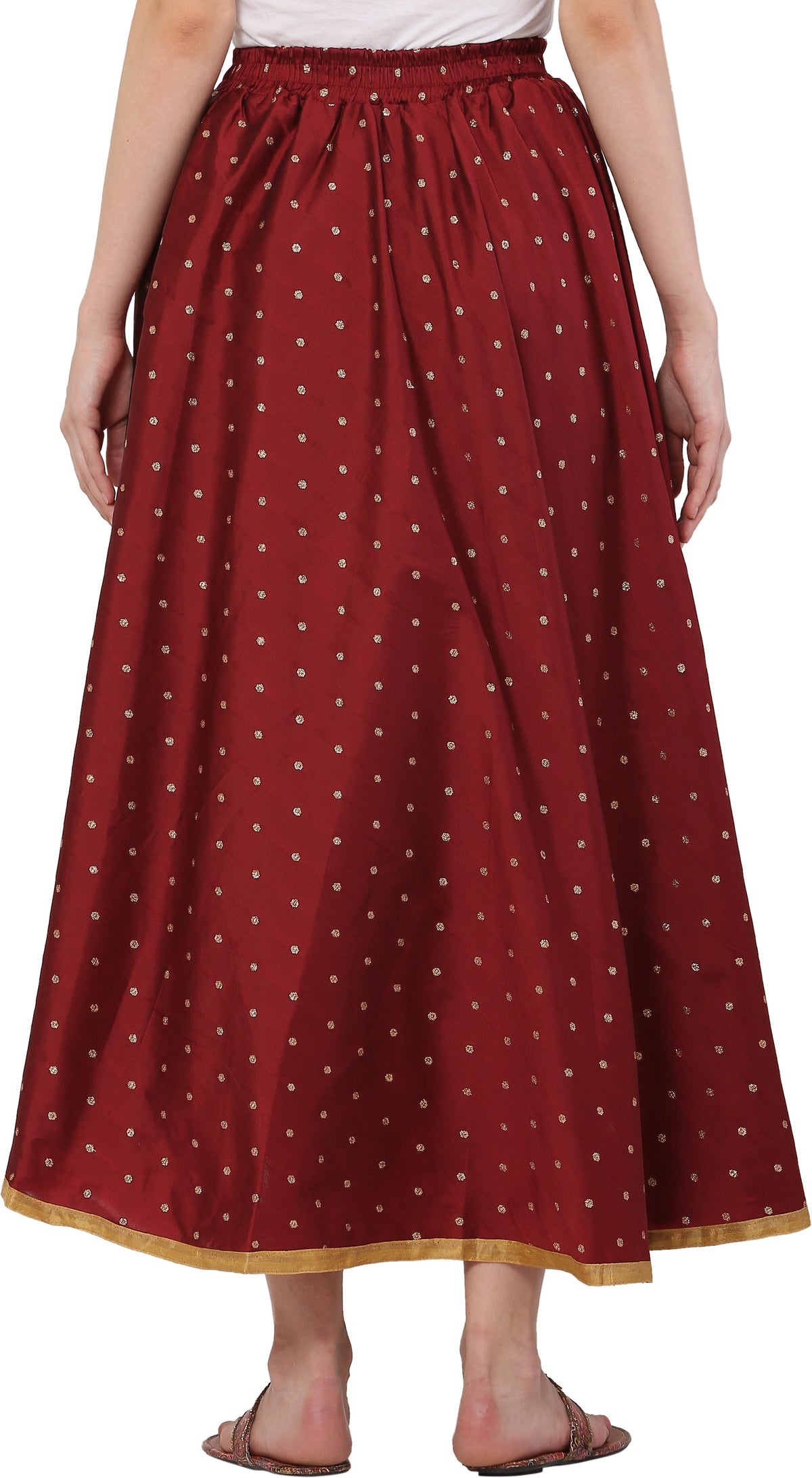 PAVONINE Maroon Color Golden Zari Work Satan Fabric Maxi Skirt For Women | Grocsy