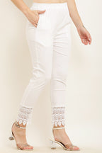 PAVONINE White Color Leaf Kirosia Lace Hem Cotton Fabric Palazzo For Women | Grocsy