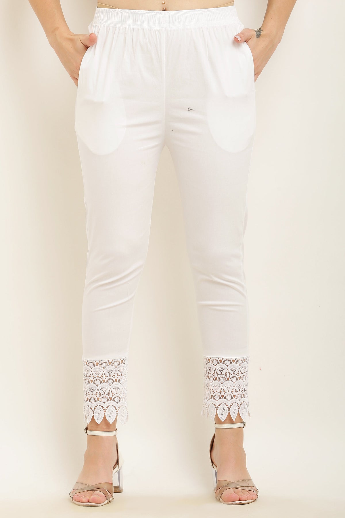 PAVONINE White Color Leaf Kirosia Lace Hem Cotton Fabric Palazzo For Women | Grocsy