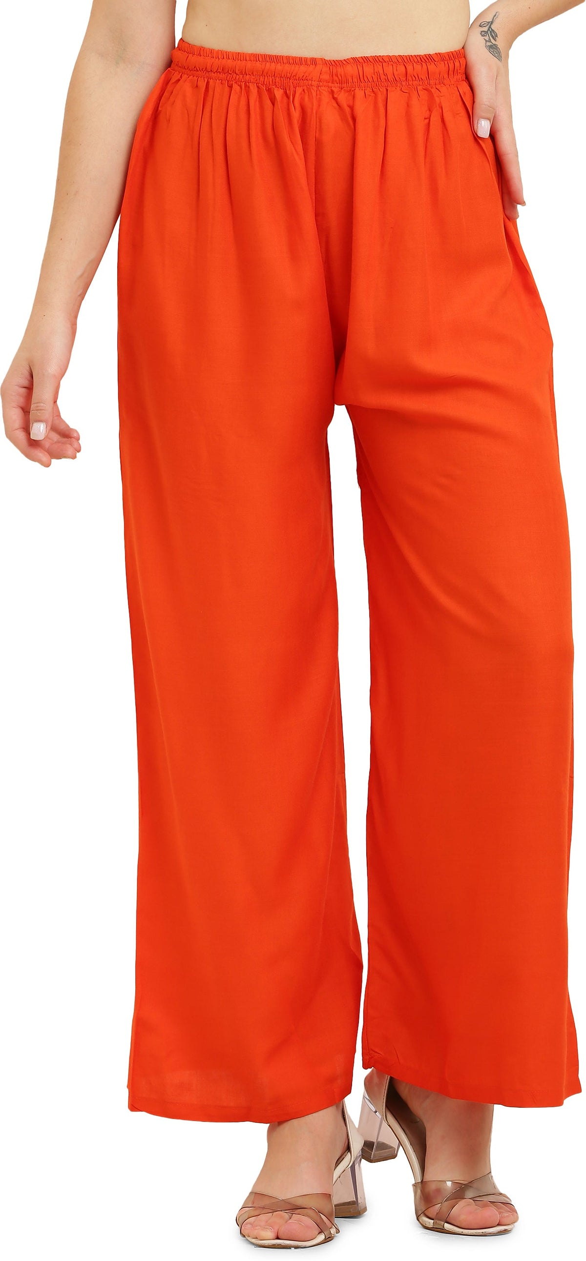 PAVONINE Orange Color Straight Fit Rayon Fabric Palazzo | Grocsy