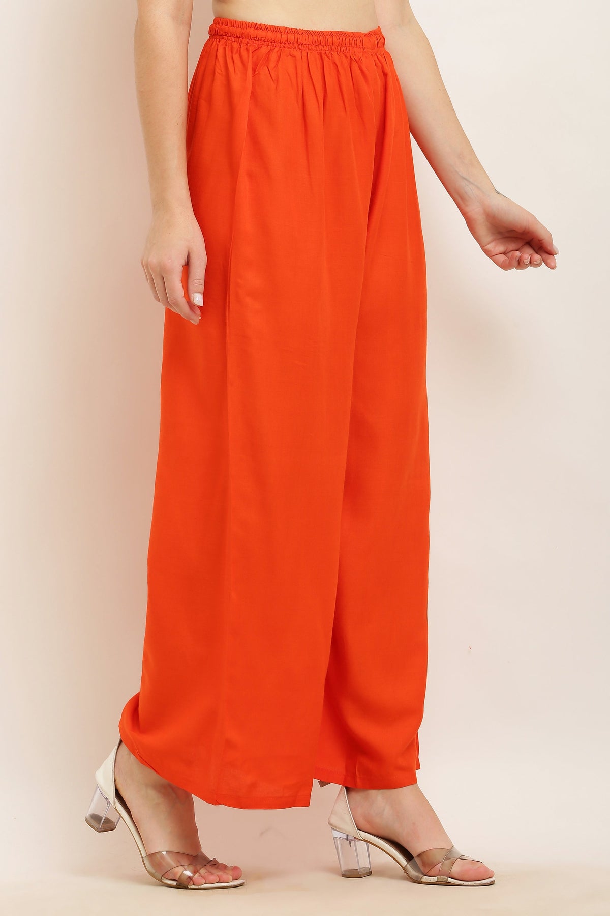 PAVONINE Orange Color Straight Fit Rayon Fabric Palazzo | Grocsy