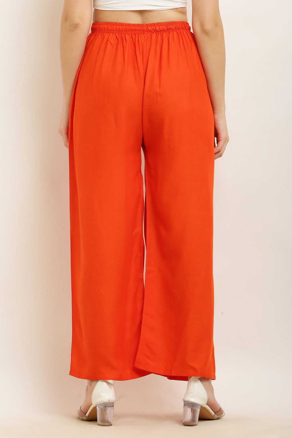 PAVONINE Orange Color Straight Fit Rayon Fabric Palazzo | Grocsy