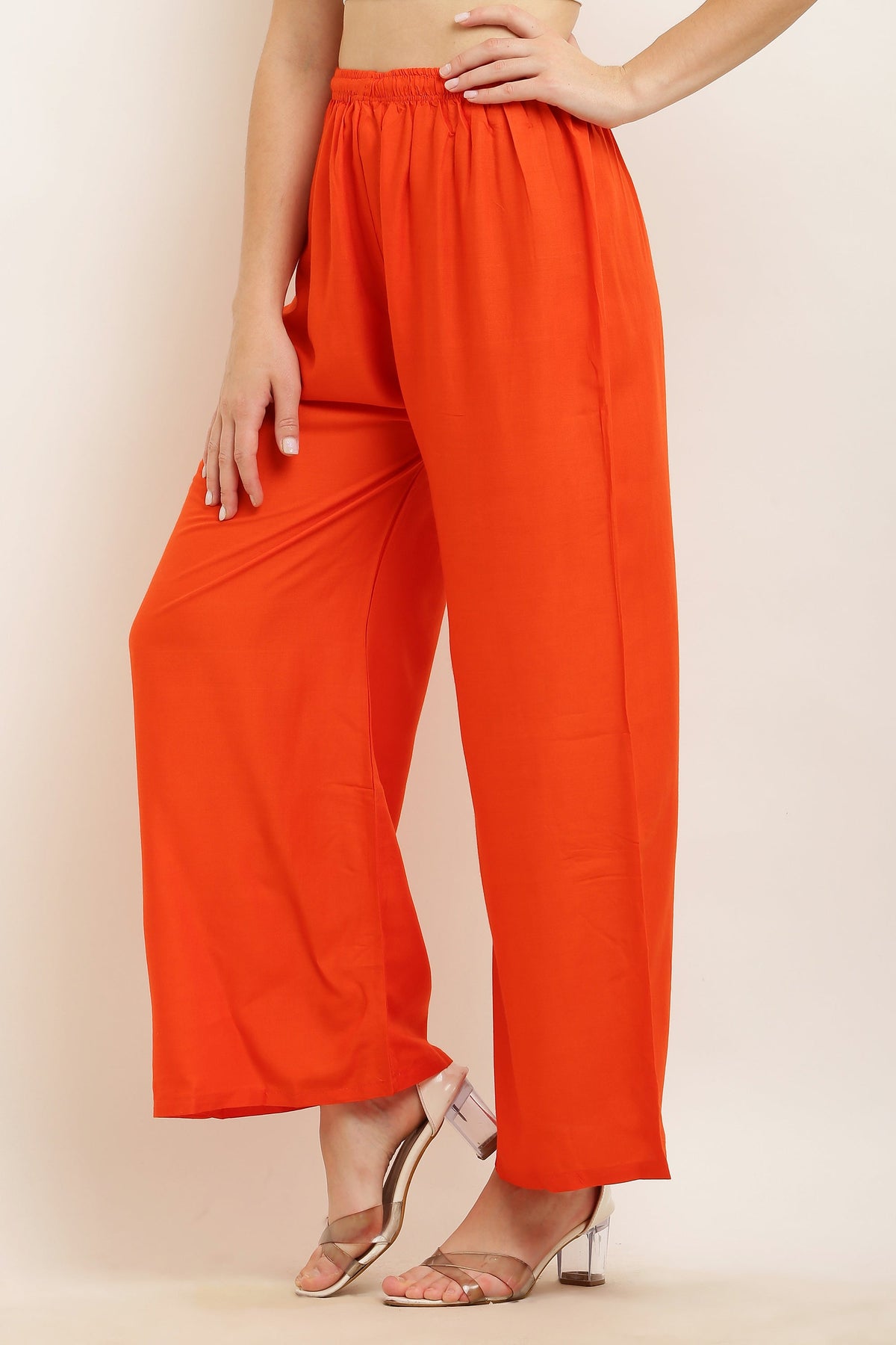 PAVONINE Orange Color Straight Fit Rayon Fabric Palazzo | Grocsy