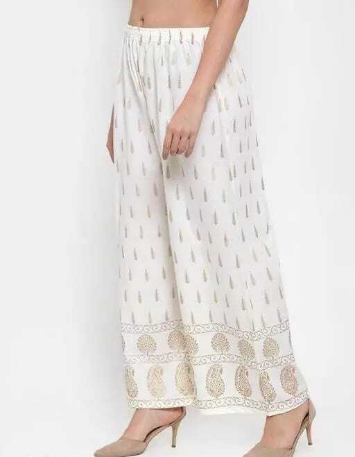 PAVONINE Off-White Color Rayon Fabric Bhutta Print Palazzo For Women | Grocsy