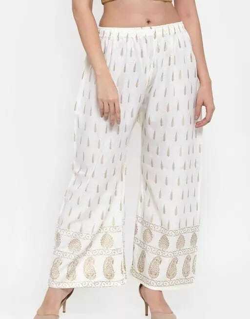 PAVONINE Off-White Color Rayon Fabric Bhutta Print Palazzo For Women | Grocsy