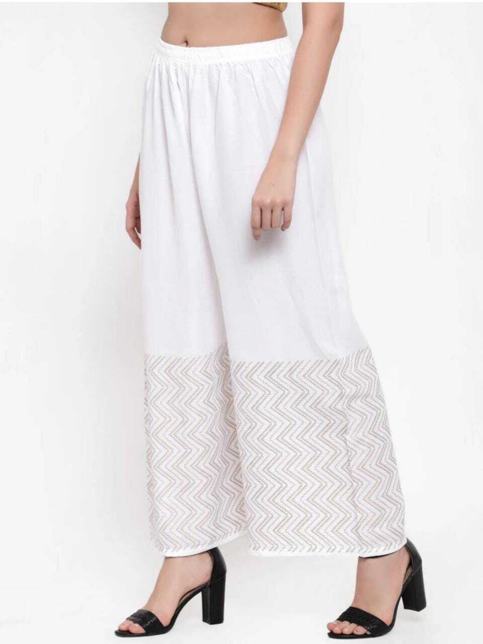 PAVONINE White Color Rayon Fabric Zig-Zag Printed Palazzo For Women | Grocsy
