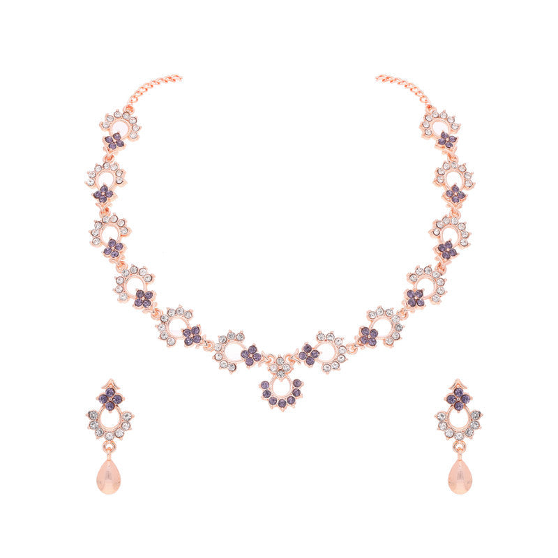 Tehzeeb Creations Gold-Polished Lavender Diamond Necklace With Earrings | Grocsy
