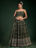 Tulsi Art Desirable Olive Green Sequins Embroidered Georgette Lehenga Choli | Grocsy