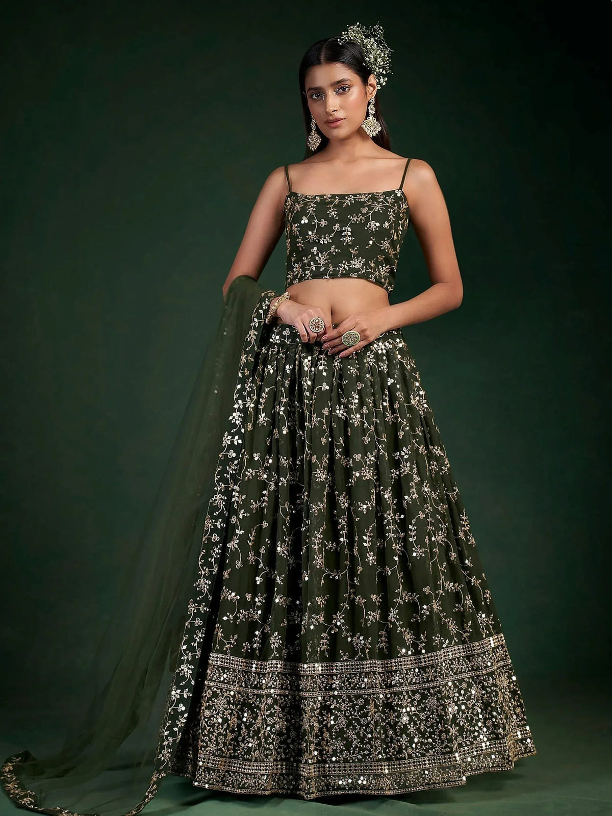Tulsi Art Desirable Olive Green Sequins Embroidered Georgette Lehenga Choli | Grocsy