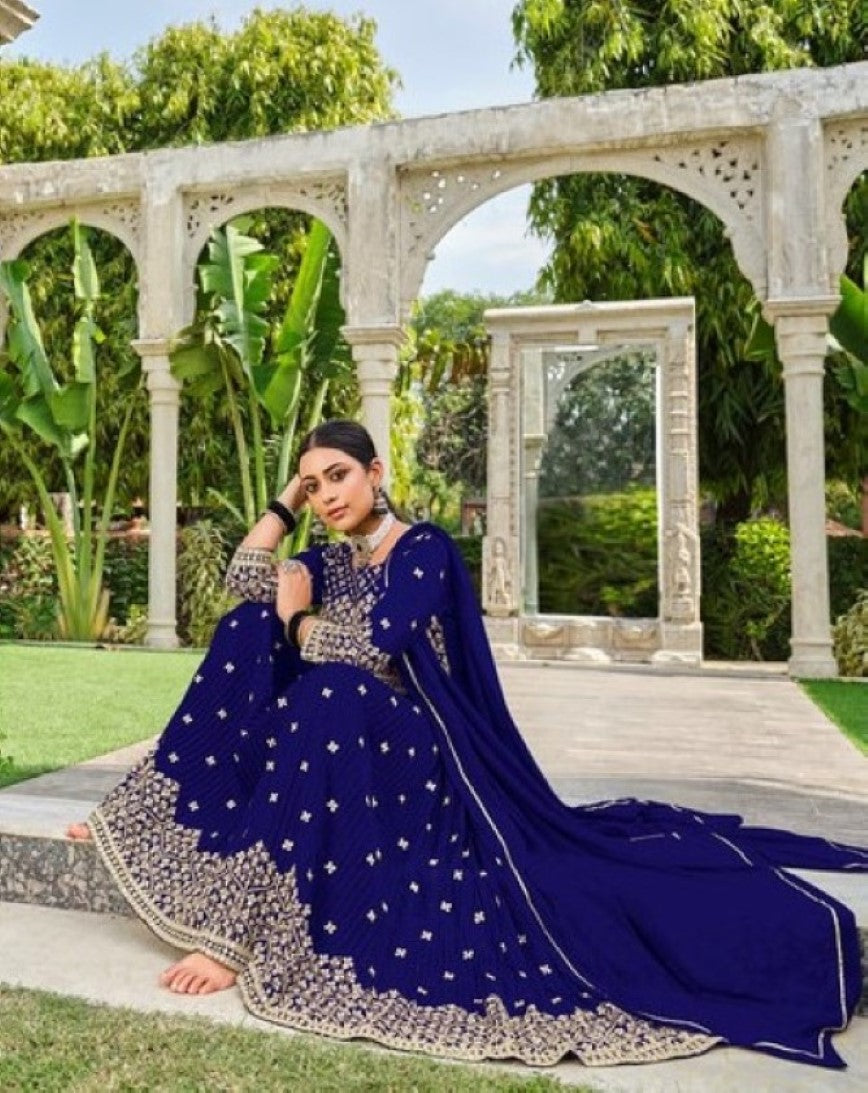 Anaita Navy Faux Georgette Plazzo Suit With Embroidery & Sequins Work | Grocsy