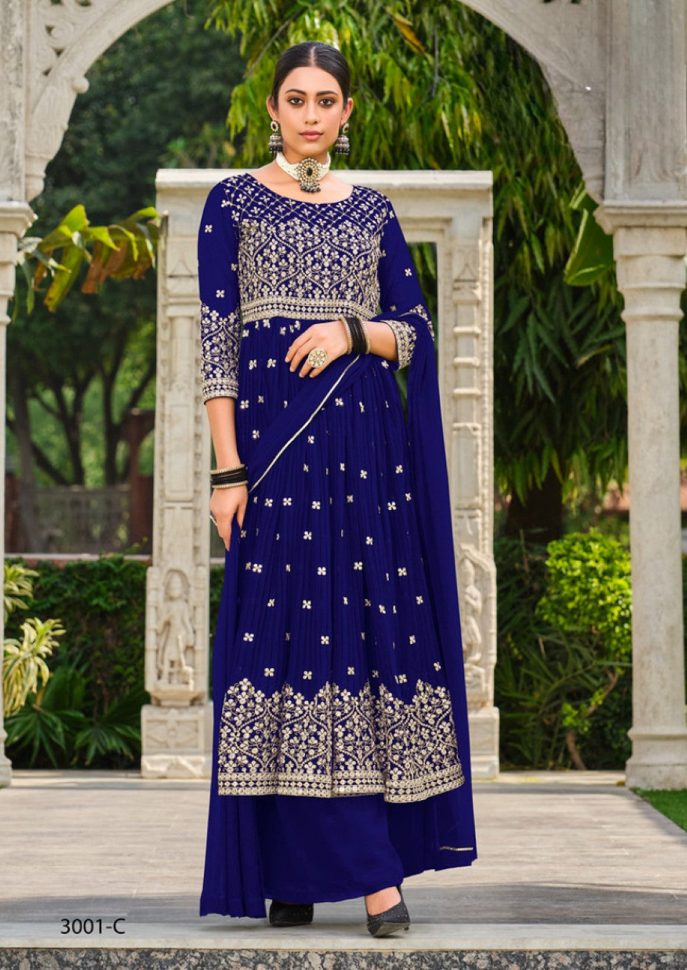 Anaita Navy Faux Georgette Plazzo Suit With Embroidery & Sequins Work | Grocsy