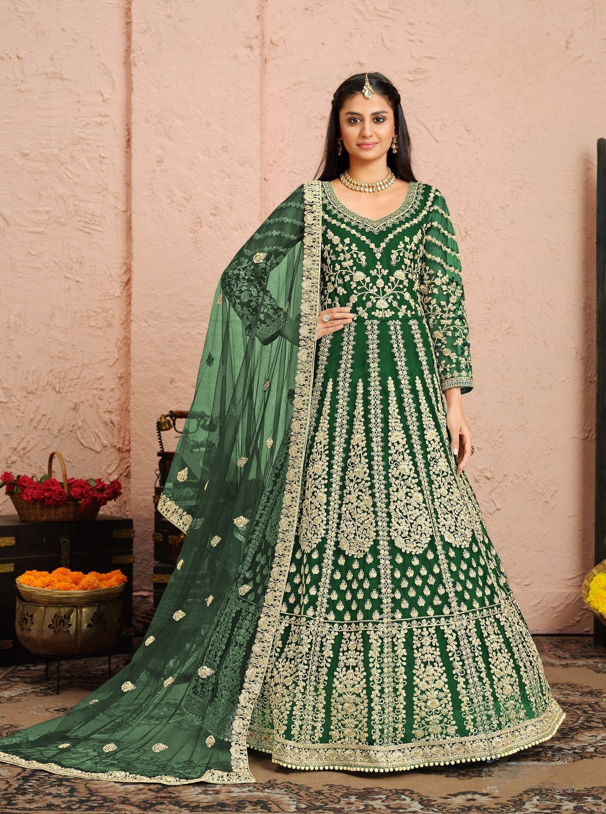 Anaita Green Embroidered Net Anarkali Suit | Grocsy