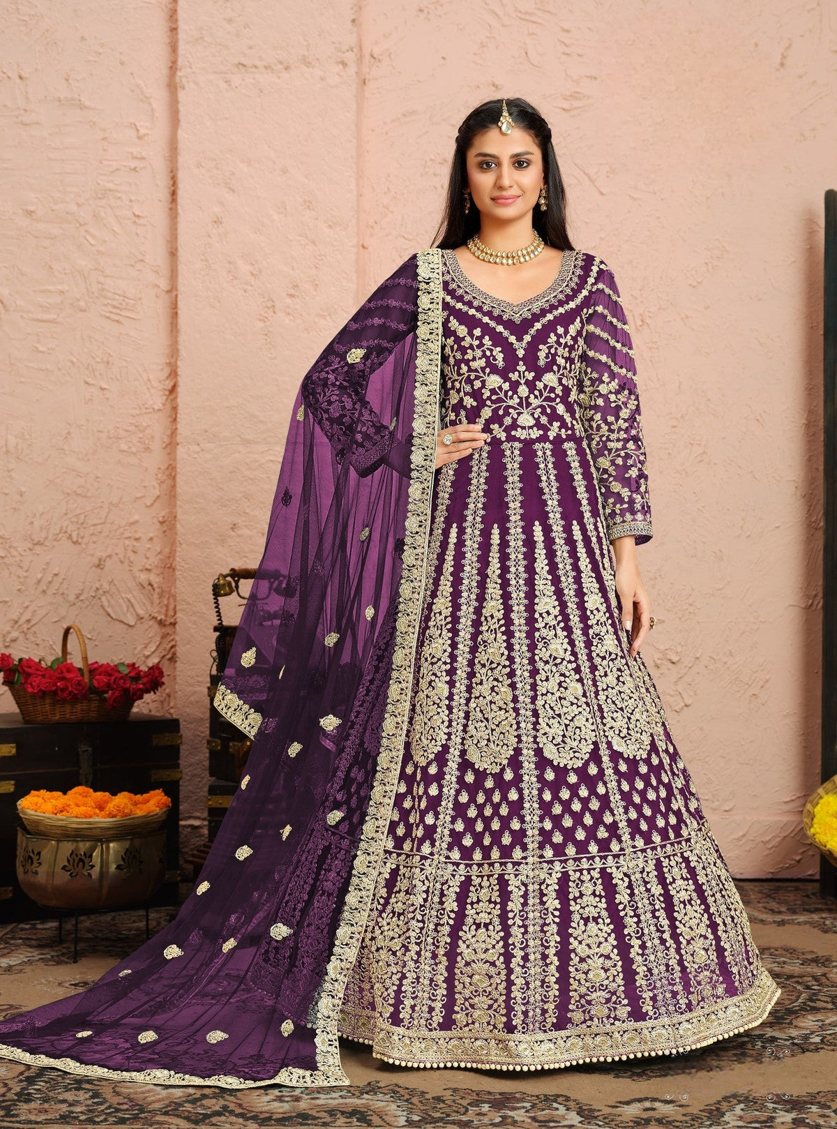 Anaita Purple Embroidered Net Anarkali Suit | Grocsy