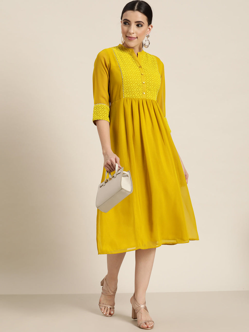 Juniper Mustard Georgette Lacy Midi Dress With Yoke Embroidery & Show Buttons | Grocsy