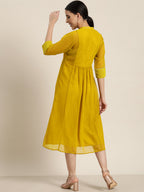 Juniper Mustard Georgette Lacy Midi Dress With Yoke Embroidery & Show Buttons | Grocsy