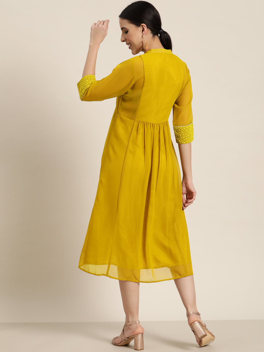 Juniper Mustard Georgette Lacy Midi Dress With Yoke Embroidery & Show Buttons | Grocsy