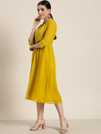 Juniper Mustard Georgette Lacy Midi Dress With Yoke Embroidery & Show Buttons | Grocsy