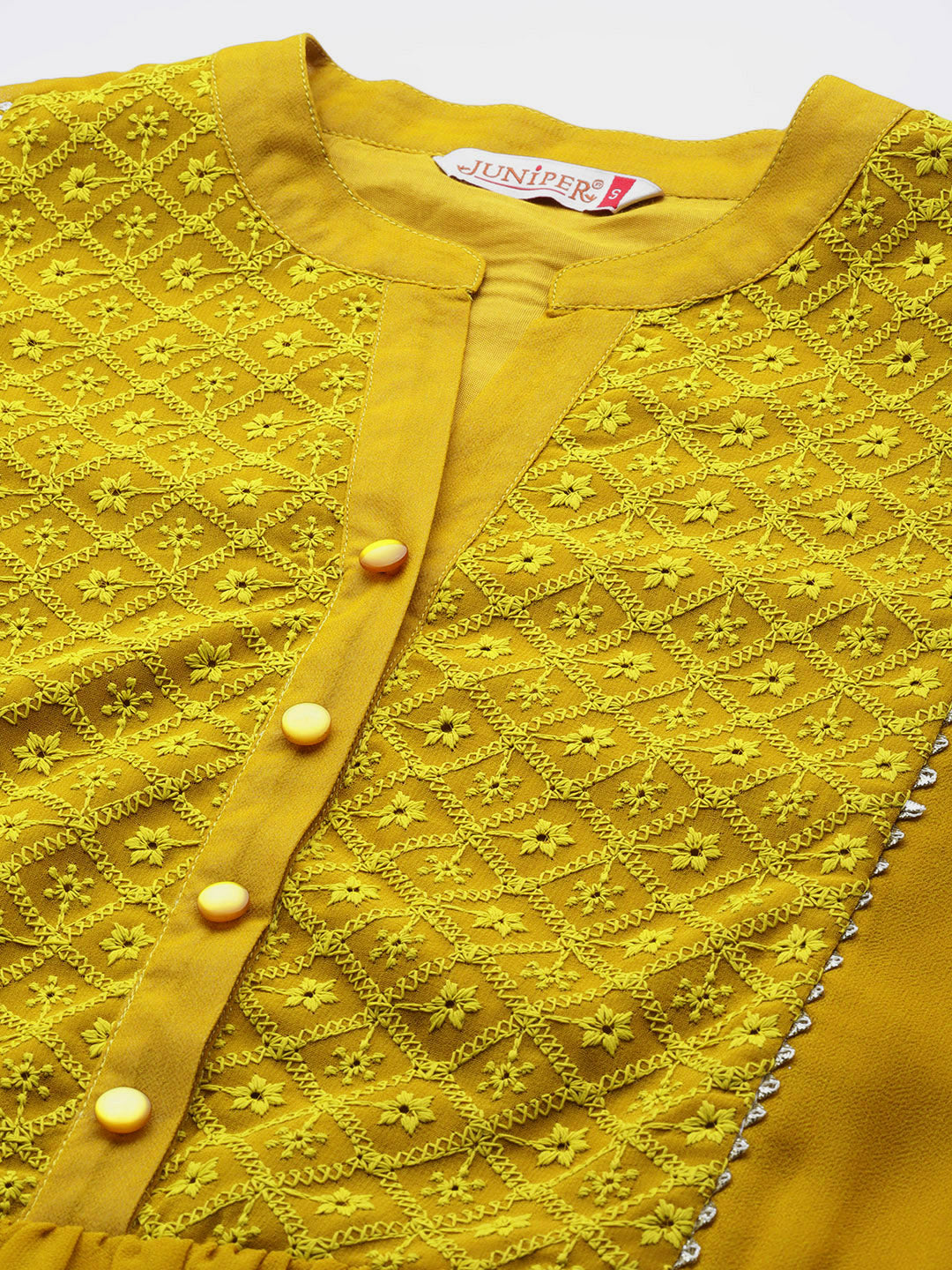 Juniper Mustard Georgette Lacy Midi Dress With Yoke Embroidery & Show Buttons | Grocsy