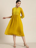 Juniper Mustard Georgette Lacy Midi Dress With Yoke Embroidery & Show Buttons | Grocsy