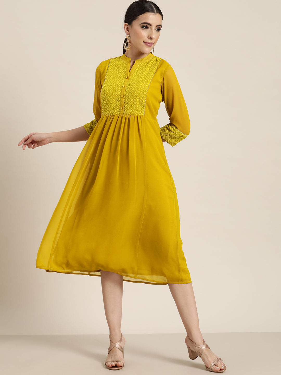 Juniper Mustard Georgette Lacy Midi Dress With Yoke Embroidery & Show Buttons | Grocsy