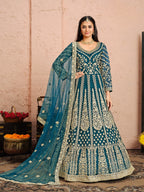 Anaita Teal Embroidered Net Anarkali Suit | Grocsy