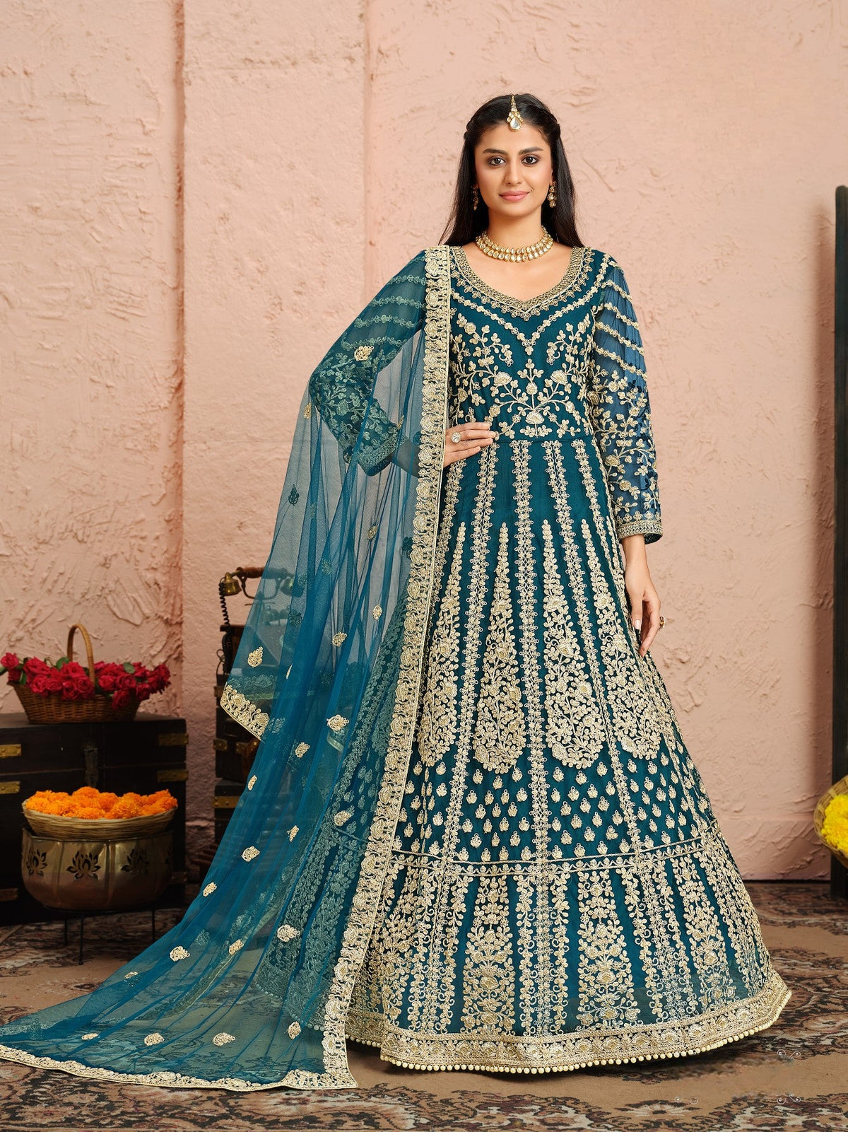 Anaita Teal Embroidered Net Anarkali Suit | Grocsy