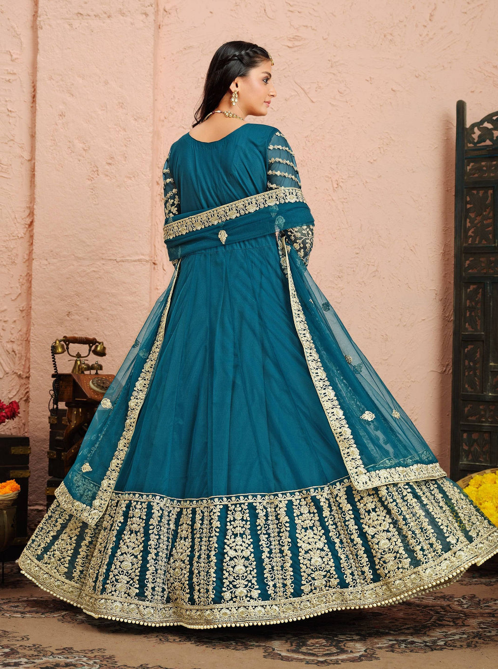 Anaita Teal Embroidered Net Anarkali Suit | Grocsy
