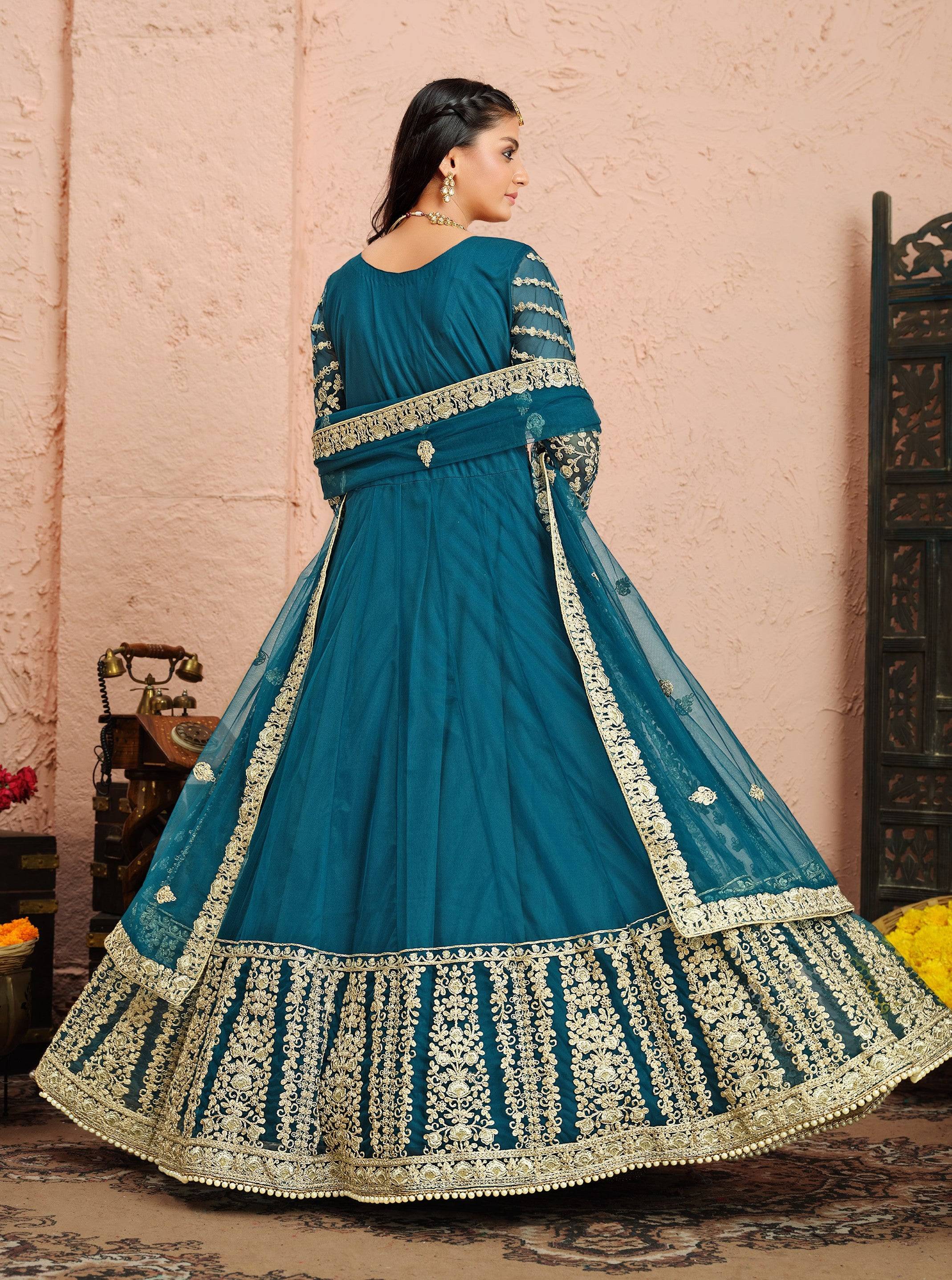 Anaita Teal Embroidered Net Anarkali Suit | Grocsy