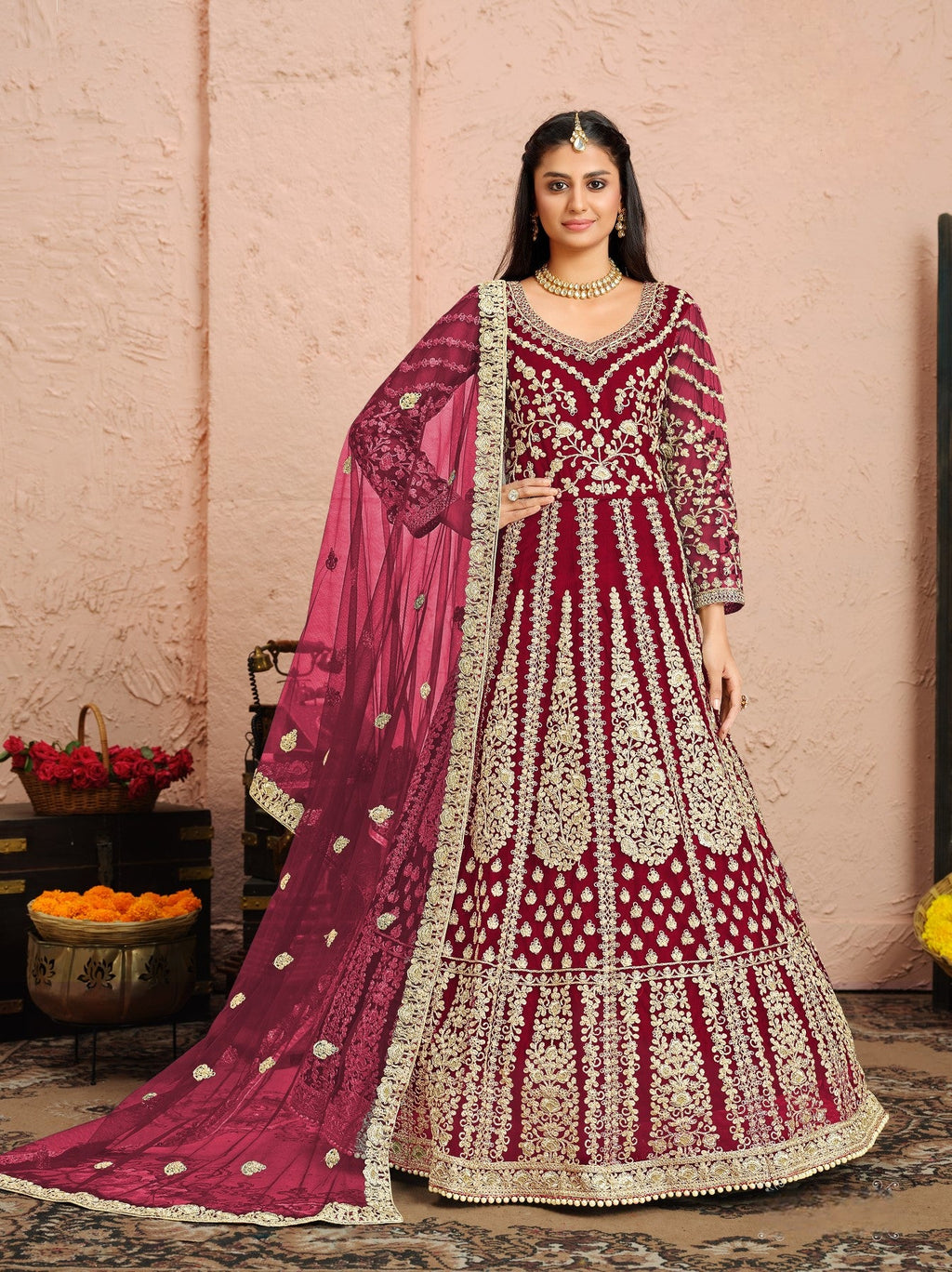 Anaita Pink Embroidered Net Anarkali Suit | Grocsy