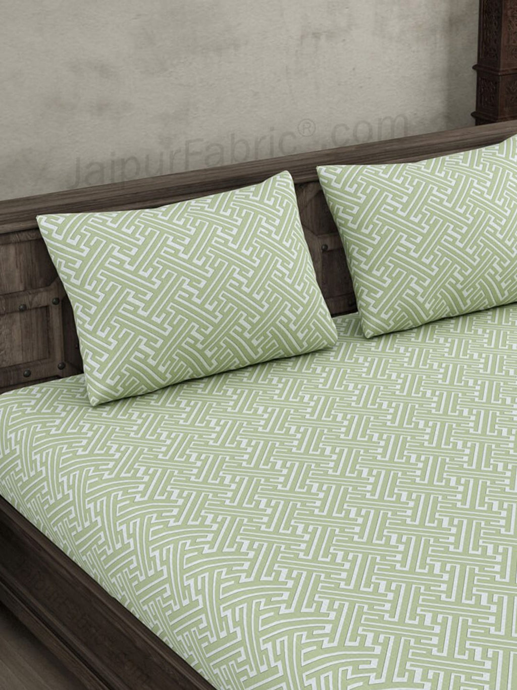 JAIPUR FABRIC Green & White Ethnic Motifs 250 TC Cotton King Bedsheet with 2 Pillow Covers | Grocsy