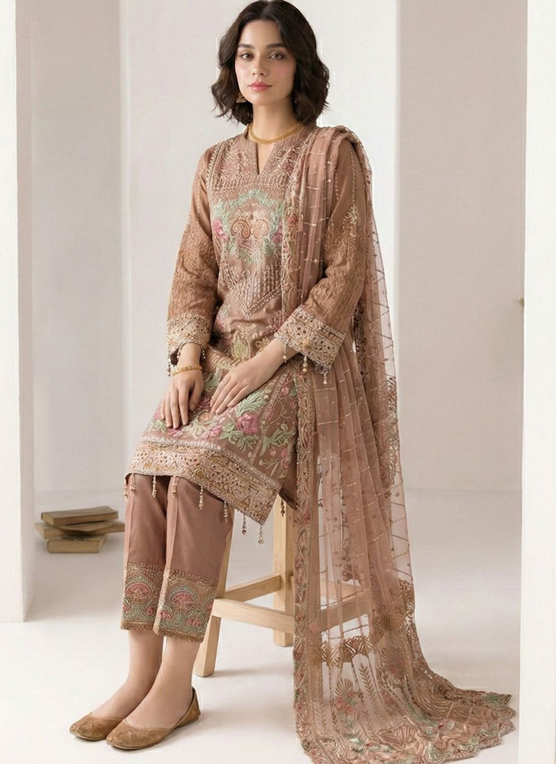 Vegaa Fashion Light Brown Georgette Embroidered Designer Salwar Suit | Grocsy
