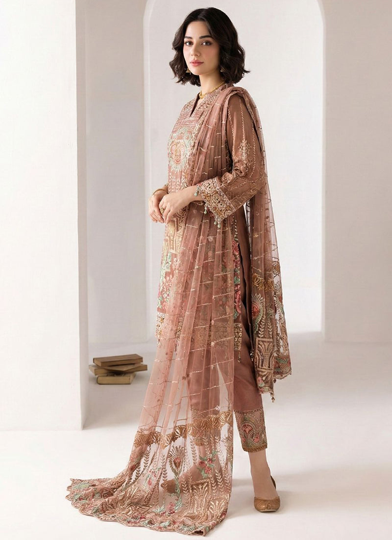Vegaa Fashion Light Brown Georgette Embroidered Designer Salwar Suit | Grocsy