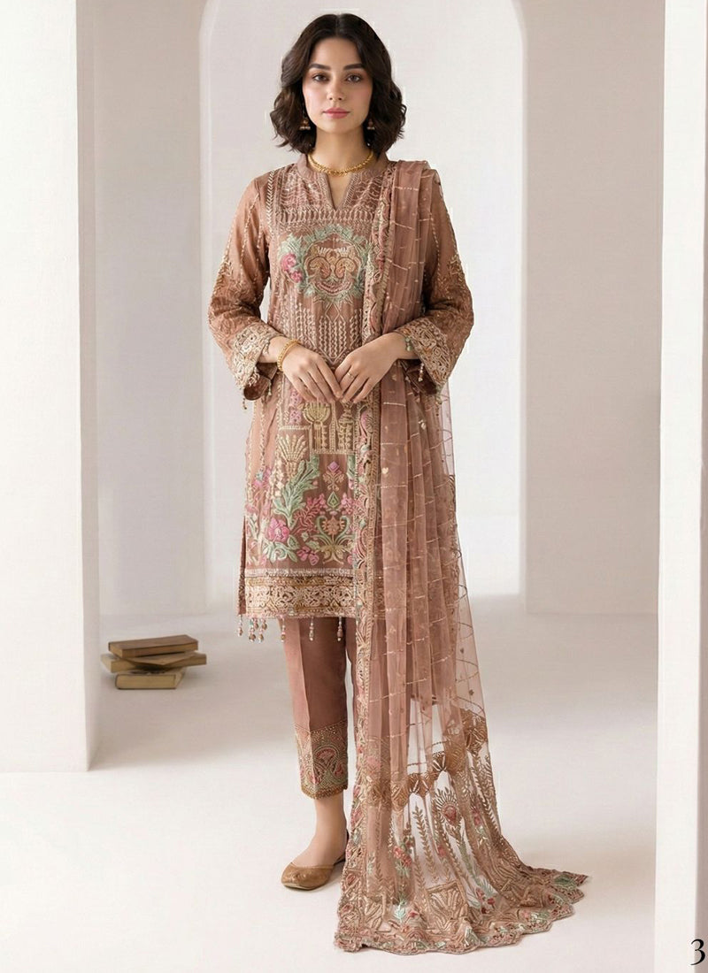 Vegaa Fashion Light Brown Georgette Embroidered Designer Salwar Suit | Grocsy