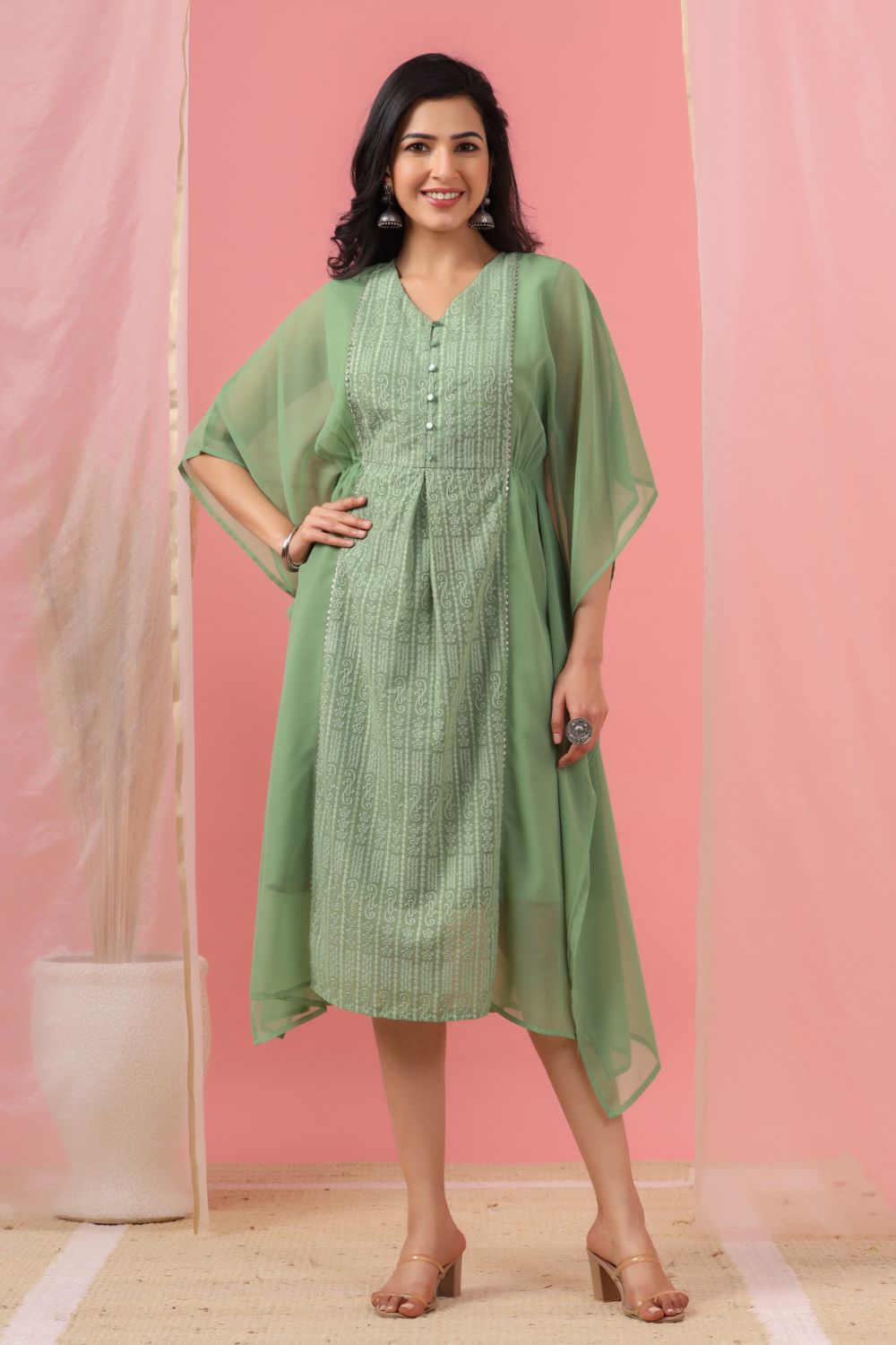 Juniper Womens Sagegreen Embroidered Kaftan | Grocsy