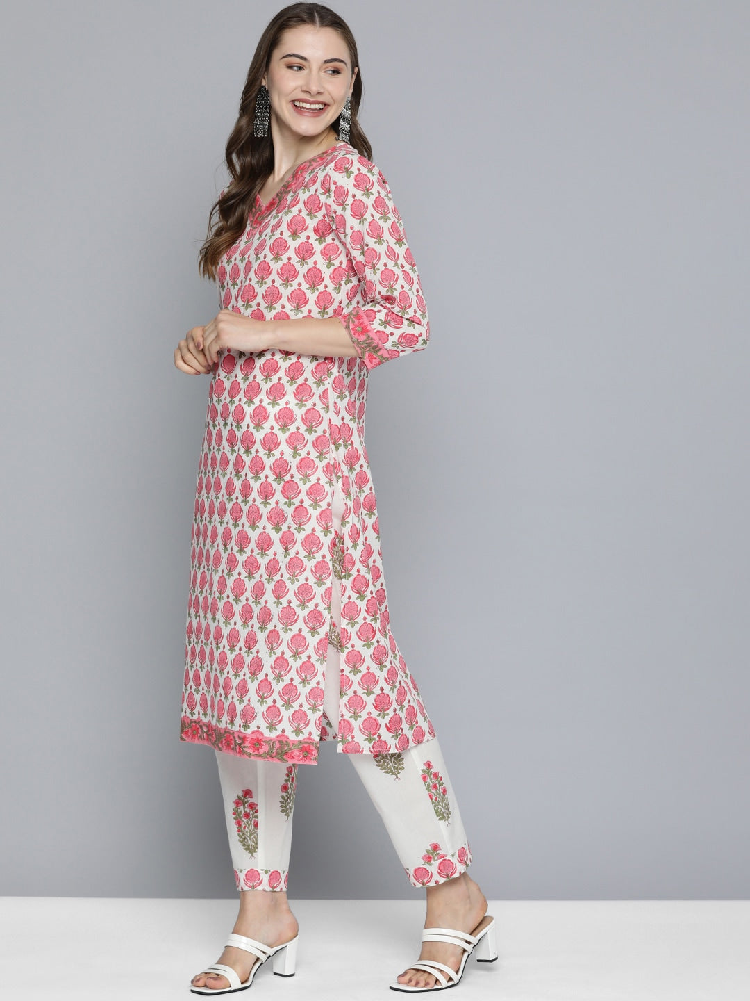 HERE&NOW Women Floral Printed Regular Pure Cotton Kurta with Trousers & With Dupatta | Grocsy