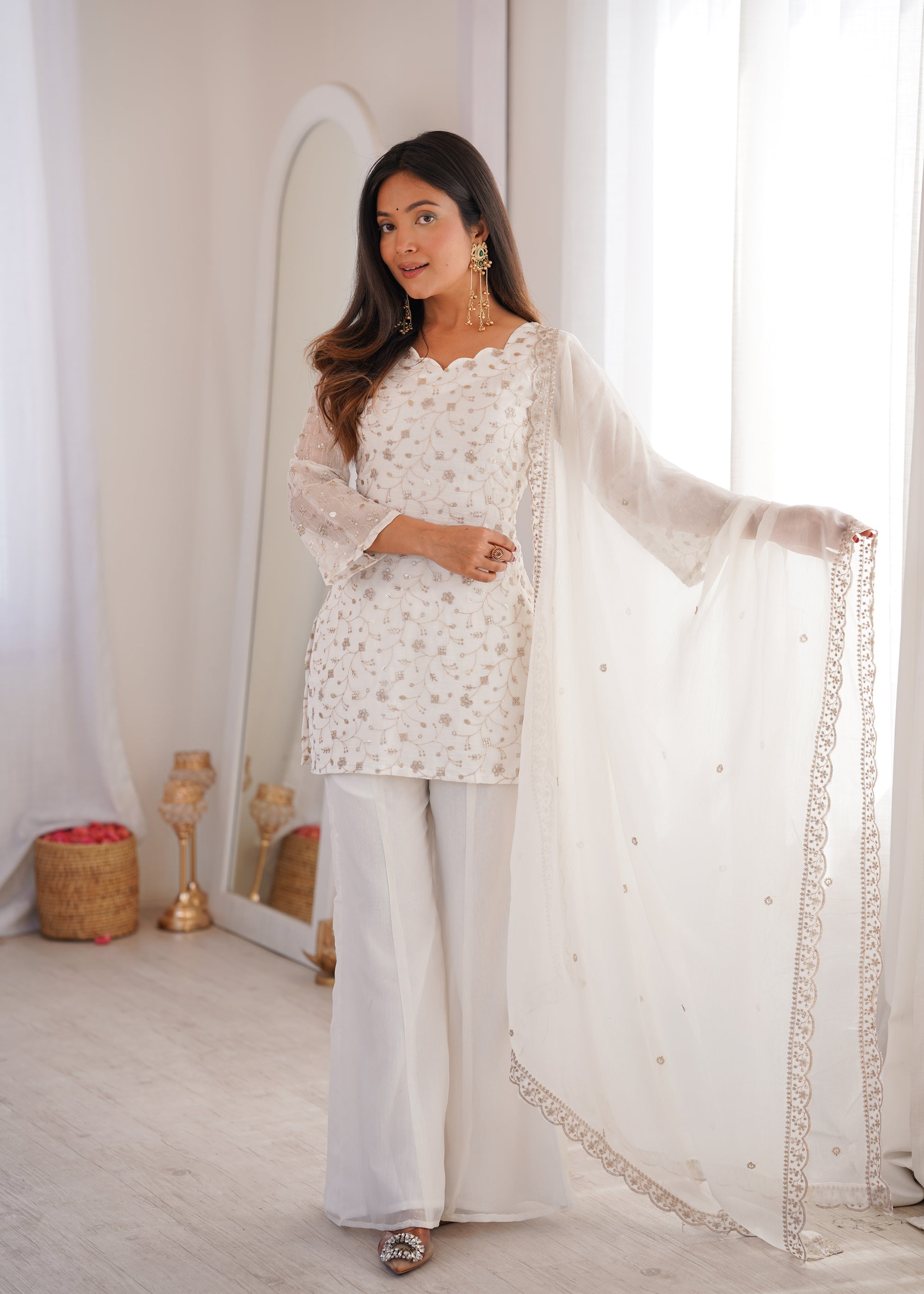 Lorenvalley Fashion Offwhite Crunchy Silk with Embroidery Sequence Jari work Kurta Bell Bottom Pant with Dupatta | Grocsy