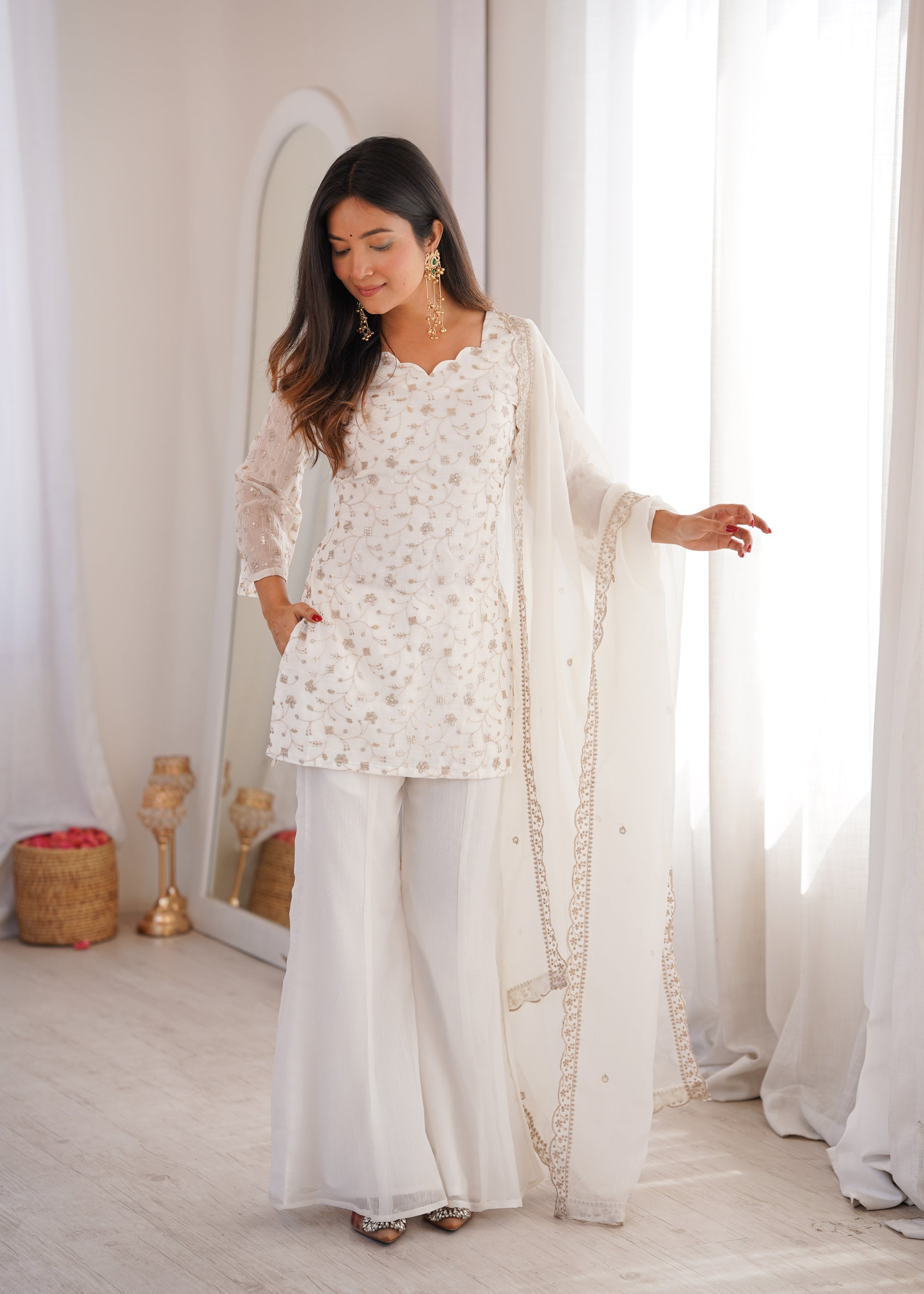 Lorenvalley Fashion Offwhite Crunchy Silk with Embroidery Sequence Jari work Kurta Bell Bottom Pant with Dupatta | Grocsy