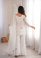 Lorenvalley Fashion Offwhite Crunchy Silk with Embroidery Sequence Jari work Kurta Bell Bottom Pant with Dupatta | Grocsy