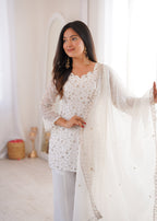 Lorenvalley Fashion Offwhite Crunchy Silk with Embroidery Sequence Jari work Kurta Bell Bottom Pant with Dupatta | Grocsy