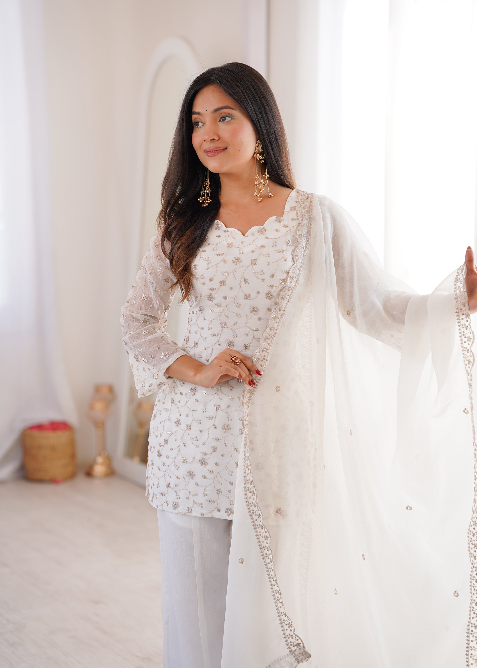 Lorenvalley Fashion Offwhite Crunchy Silk with Embroidery Sequence Jari work Kurta Bell Bottom Pant with Dupatta | Grocsy