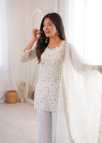 Lorenvalley Fashion Offwhite Crunchy Silk with Embroidery Sequence Jari work Kurta Bell Bottom Pant with Dupatta | Grocsy