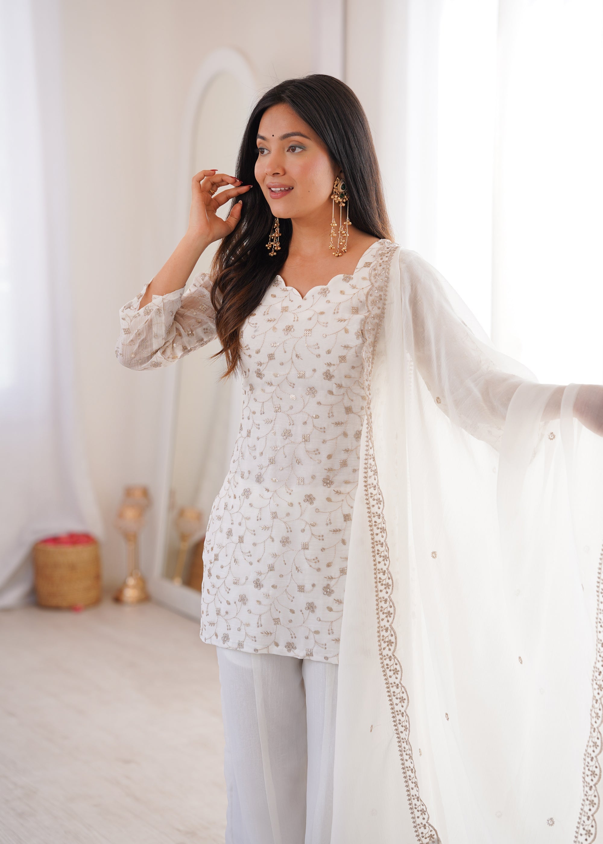 Lorenvalley Fashion Offwhite Crunchy Silk with Embroidery Sequence Jari work Kurta Bell Bottom Pant with Dupatta | Grocsy