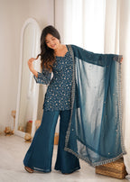Lorenvalley Fashion Rama Crunchy Silk With Embroidery Sequence Jari Work Kurta Bell Bottom Pant With Dupatta | Grocsy
