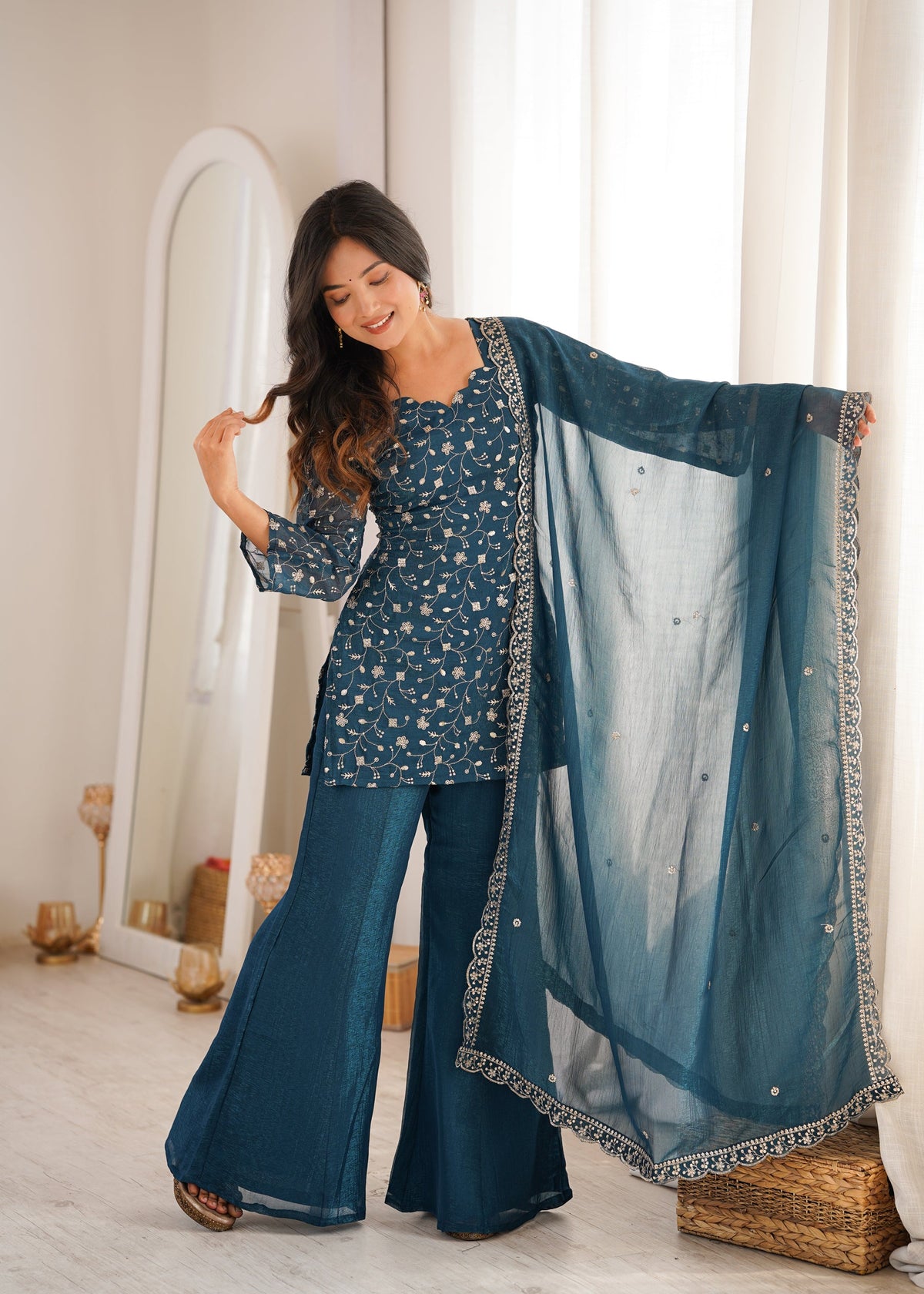 Lorenvalley Fashion Rama Crunchy Silk With Embroidery Sequence Jari Work Kurta Bell Bottom Pant With Dupatta | Grocsy