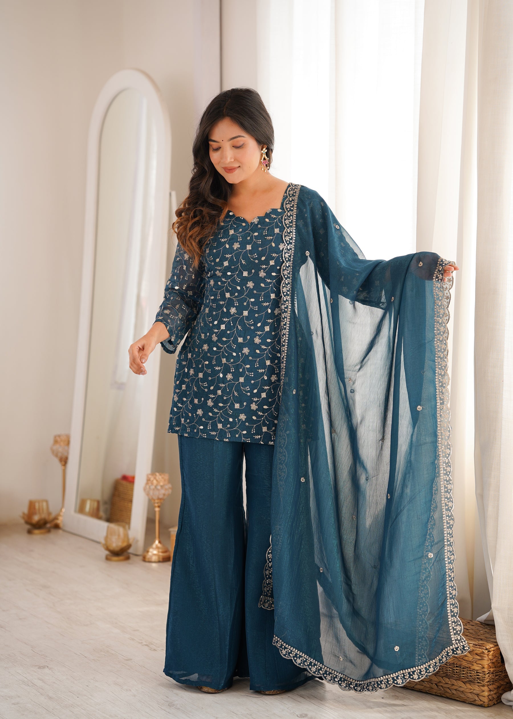 Lorenvalley Fashion Rama Crunchy Silk With Embroidery Sequence Jari Work Kurta Bell Bottom Pant With Dupatta | Grocsy