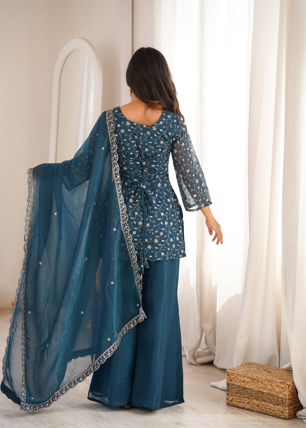 Lorenvalley Fashion Rama Crunchy Silk With Embroidery Sequence Jari Work Kurta Bell Bottom Pant With Dupatta | Grocsy